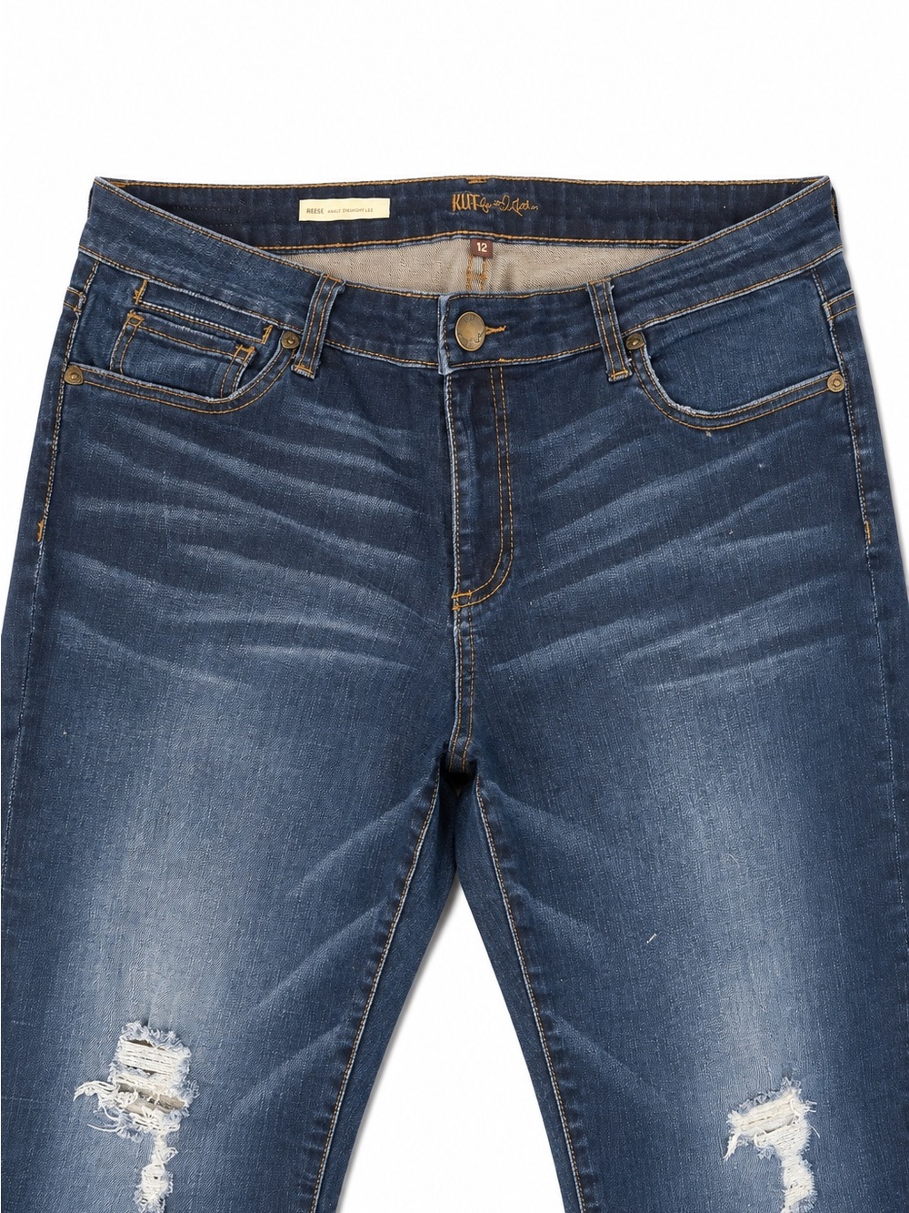 KUT from the Kloth Reese Ankle Straight Leg Jeans Size 12 Distressed Dark Wash - Picture 2 of 6